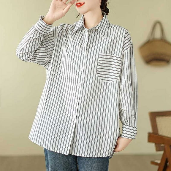 ZHUGeLI Women's Spring Lapel Collar Single Breasted Pocket Long Sleeved Stripe Workwear Pocket Shirt Up to 50% off Clearance