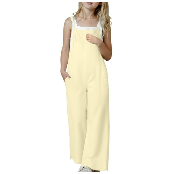 Sopiago Girls Casual Jumpsuits Spaghetti Strap Sleeveless Loose Romper for Girls Long Pants with Pockets Kids Clothes Beige,5-6 Years