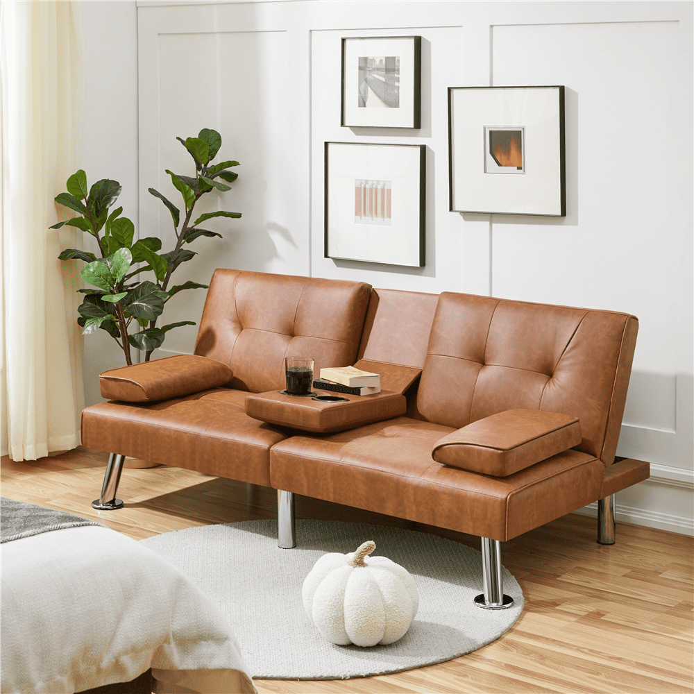 Renwick Modern Faux Leather Futon Sofa Bed Convertible Folding Couch with Cup Holders, Brown
