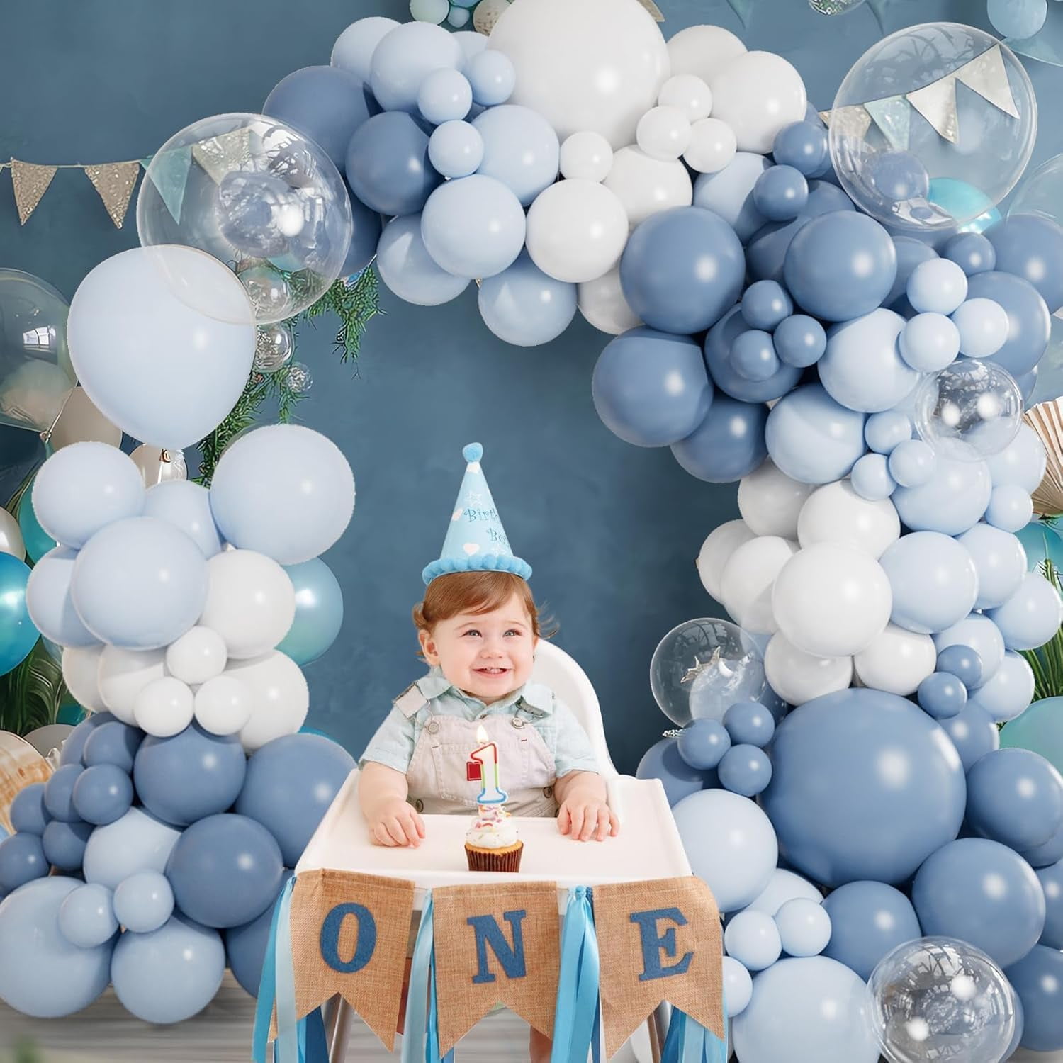 NestE - Dusty Blue Balloon Garland Arch Kit 140PCS Light Blue White Clear Balloons in 18 12 10 5 Inch for Baby Shower Gender Reveal Bridal Shower Wedding Birthday Party Decorations