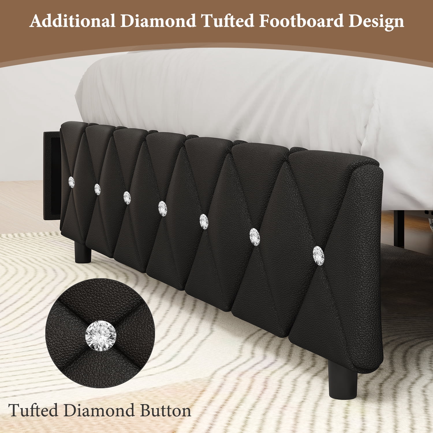 4 EVER WINNER Full Size LED Bed Frame with 4 Drawers, Black Full Bed Frame with LED Light Headboard, Modern Upholstered Bed with Diamond Headboard and Footboard, Black