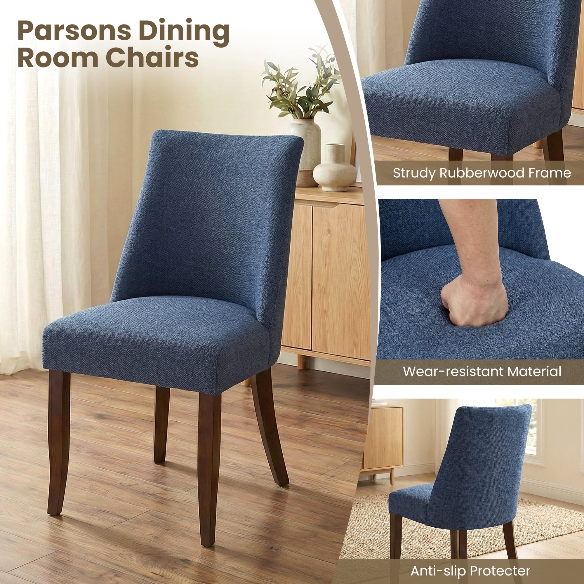EOP Upholstered Dining Chairs Set of 2, Mid Century Modern Fabric Side Chairs with Solid Wood Legs, Comfortable Kitchen & Dining Room Chairs for Home, Restaurant Use, Blue