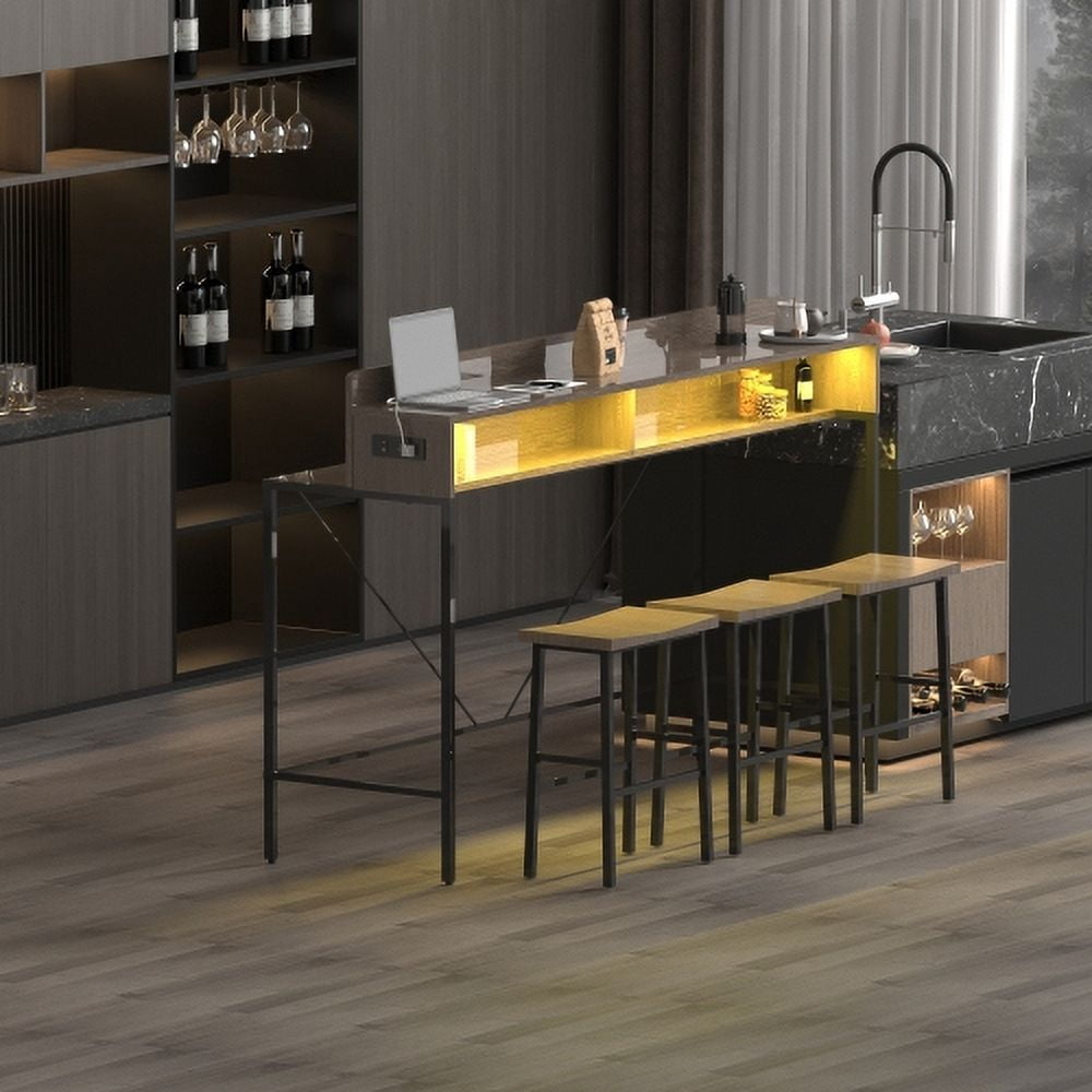 4 Piece Bar Table Set with Power Outlet and LED Light, Counter Height Table with 3 Stools,Industrial Style Console Table Set for Living Room, Dining Room, Game Room,Gray