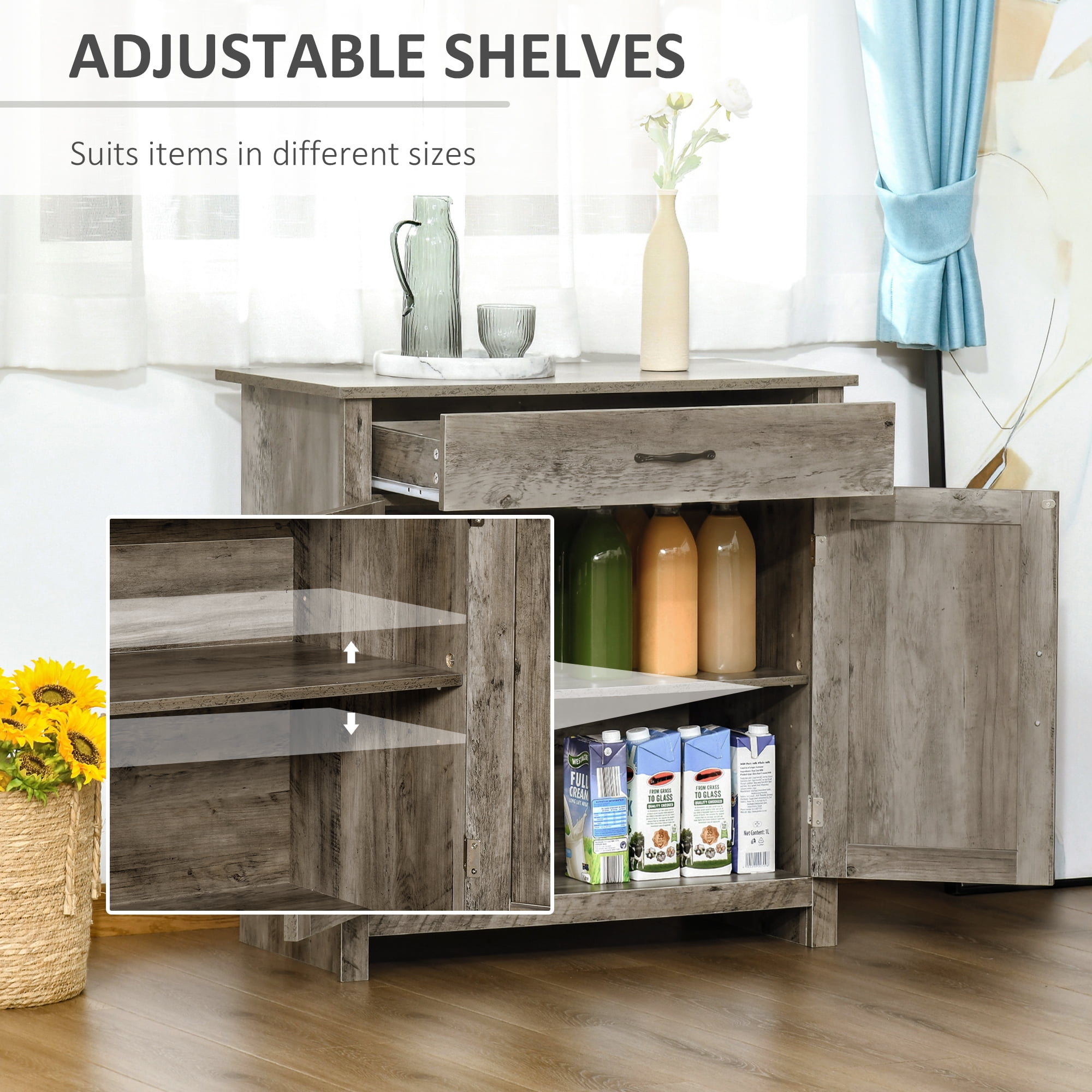 HOQBN Farmhouse Sideboard Buffet Cabinet, Barn Door Coffee Bar Cabinet with Drawer and Adjustable Shelf for Kitchen, Living Room, Entryway, Gray