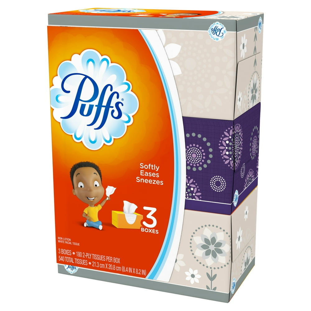 Puffs White Facial Tissue, 2Ply, White, 180 Sheets/Box, 3 Boxes/Pack