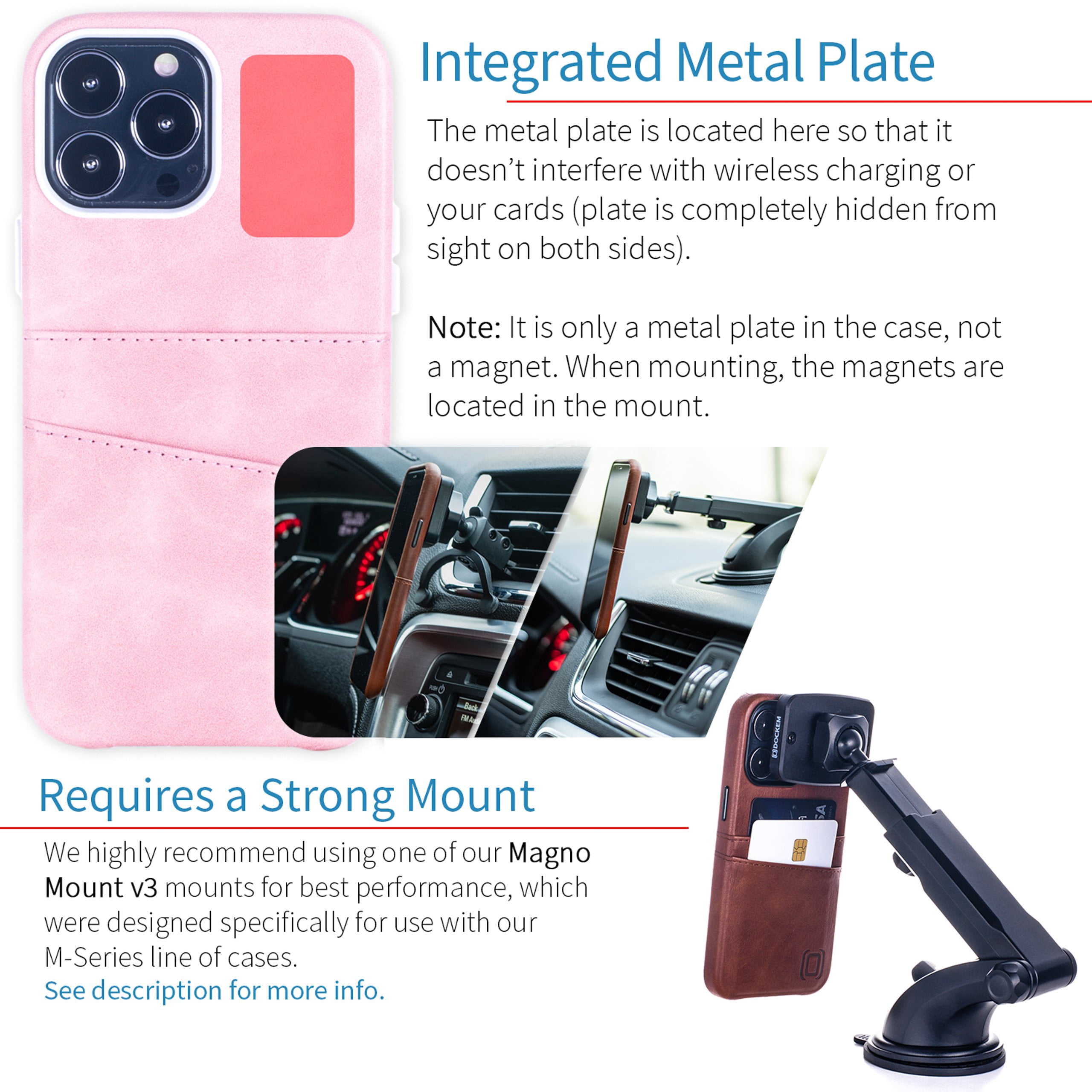 Dockem iPhone 13 Pro Max Exec M2 Wallet Case; Built-in Metal Plate, 2 Card Slots, Premium Synthetic Leather, Pink