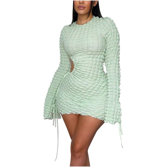 IROINNID Savings Long Sleeve Dress for Women Wedding Guest Dresses Thigh-Length Cutout Dress Sexy Long Sleeve Pagoda Sleeve Tie Hollow-out Wrap The Buttocks Dress,Green