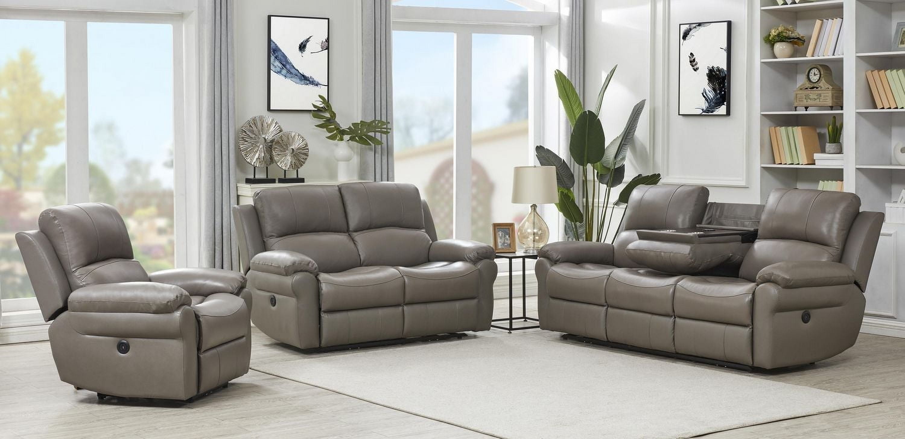K-Living Danica high-grade leather Sofa in Grey with USB outlet, Wireless charger, drop down tray and cup holders