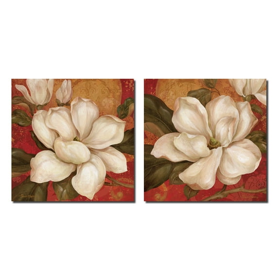 Magnolia On Red I Beautiful, Vintage White Magnolias; Floral Decor; Two 12X12 Poster Prints