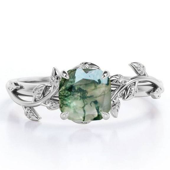 JeenMata 1 Carat Cushion Cut Natural Transparent Moss Green Agate - 4 Prong Setting - Nature Inspired Engagement Ring - 18K White Gold Plating over Silver