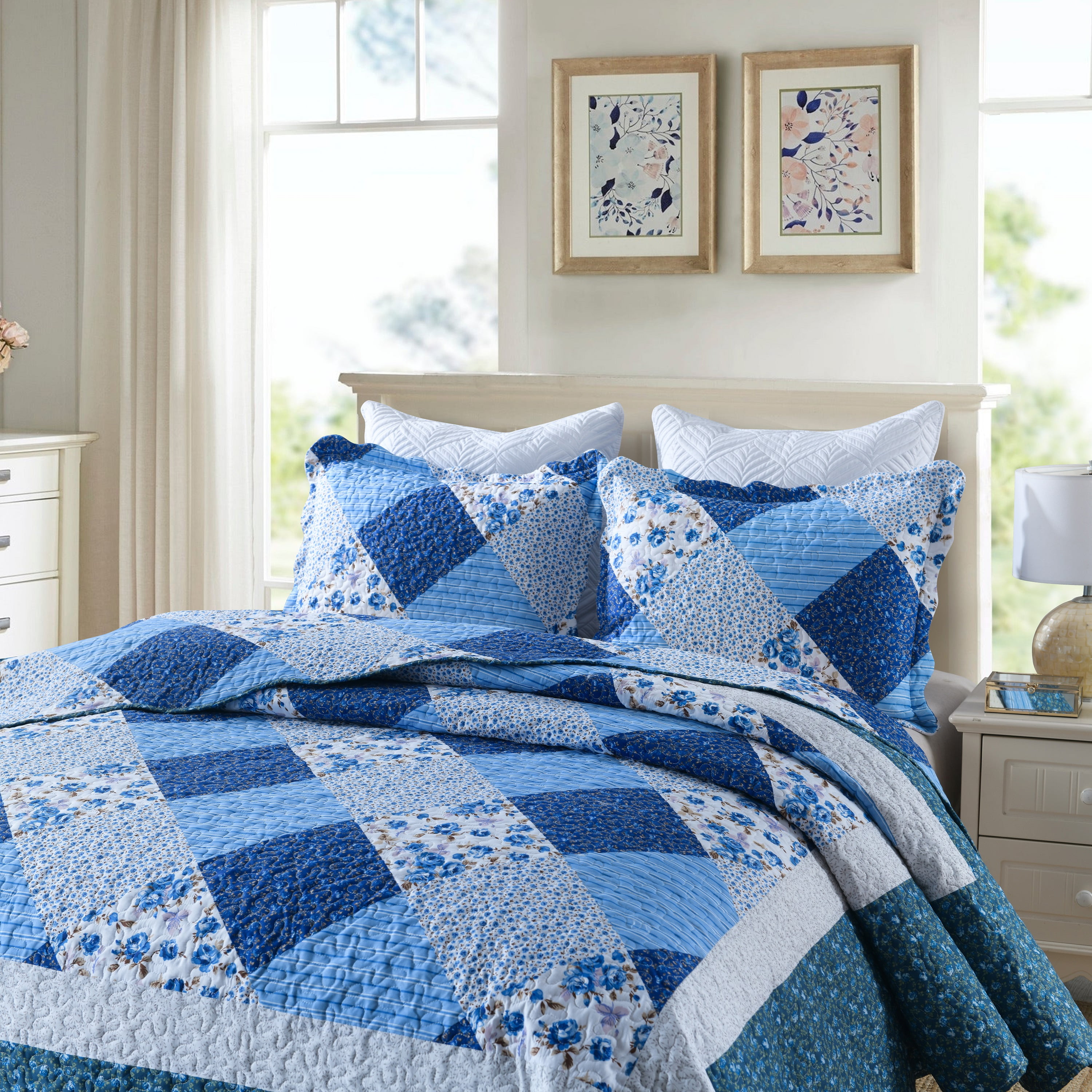 Travan 3-Piece Quilt Set Quilted Bedspread Lightweight Coverlet Set Floral Printed Oversized Quilted Bedding Set with Shams for All Season Blue Floral King Travan 3-Piece Quilt Set Quilted Bedspread Lightweight Coverlet Set Floral Printed Oversized Quilted Bedding Set with Shams for All Season Blue Floral King