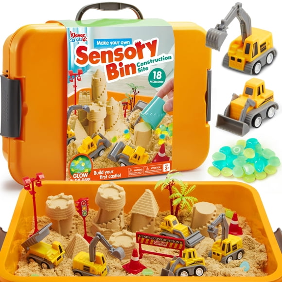Klever Kits Construction Sensory Bin for Toddlers with Glow in The Dark Stones, Sandbox with Lid Magic Sand Castle Building kit, Preschool Learning Activities Gifts for Boys Girls Age 3+