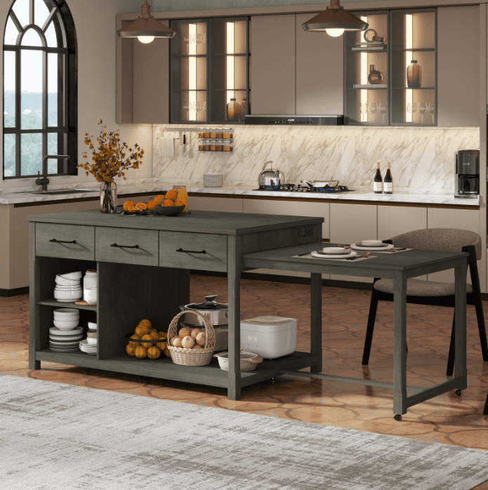 Euroco Expandable Retro Kitchen Island with Hidden Countertop Extension, Power Outlets & USB Ports – 3 Drawers, Open Shelves, Solid Wood Frame
