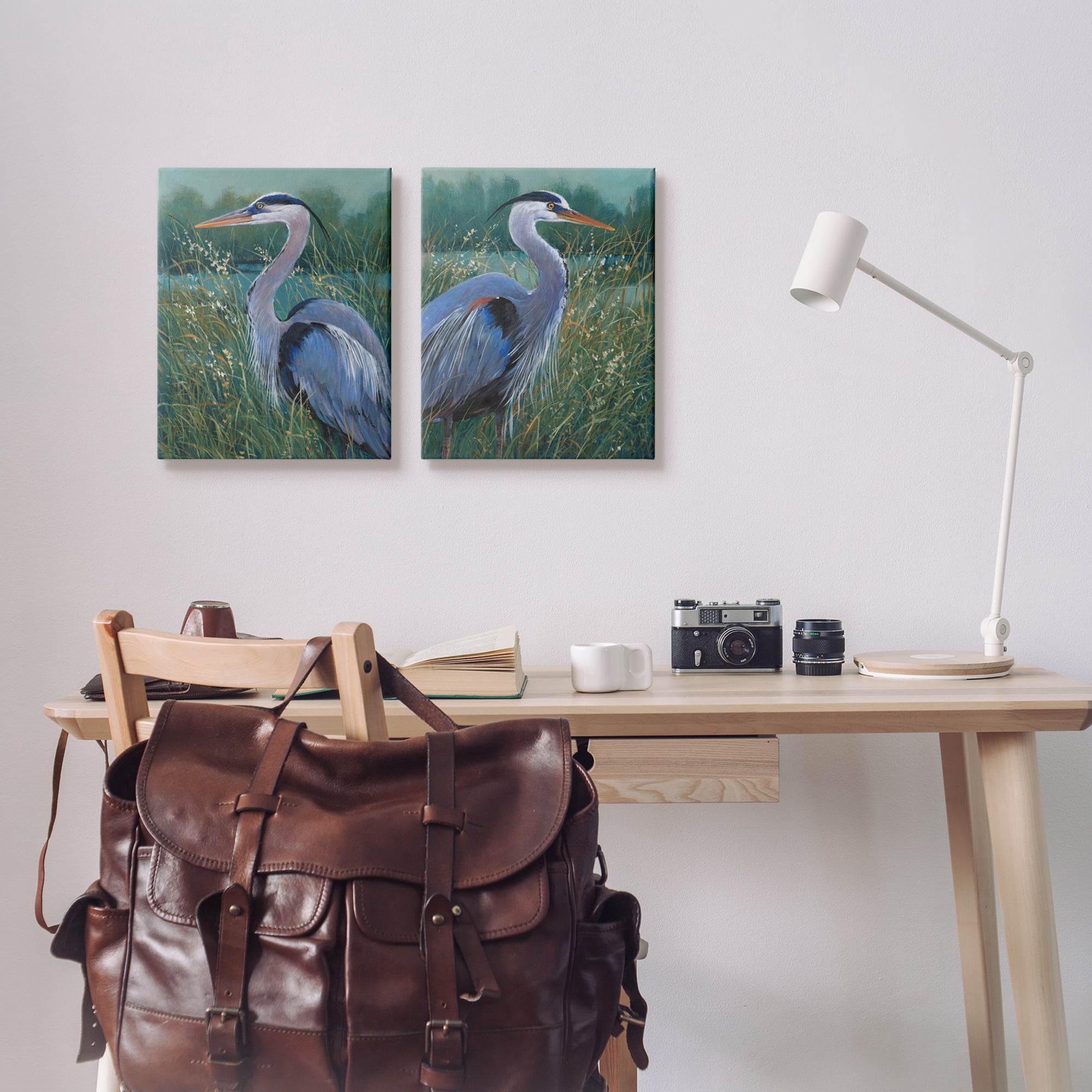 Stupell Industries Herons & Lake Landscape Animals & Insects Painting Gallery Wrapped Canvas Art Print Wall Art, 16 x 20, Set of 2