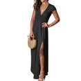 thumbnail image 2 of Women'S Deep V Neck Solid Color Pleated High Waist Slit Club Party Evening Long Maxi Dress Black L, 2 of 7