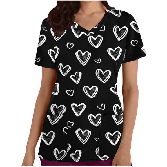 Idoravan Women Short Sleeve Tunic Blouse Women's Scrub Tops Women's Casual Valentine Day Unisex Love Heart Shape Print V-Neck Short Sleeve Pocket Nursing Uniform Tops Black XXL