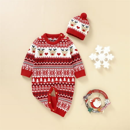 

KaLI_store Boy Girl Christmas Deer Knitted Sweater Baby Jumpsuit Romper Cotton 1 Boy Zip up Hoodie