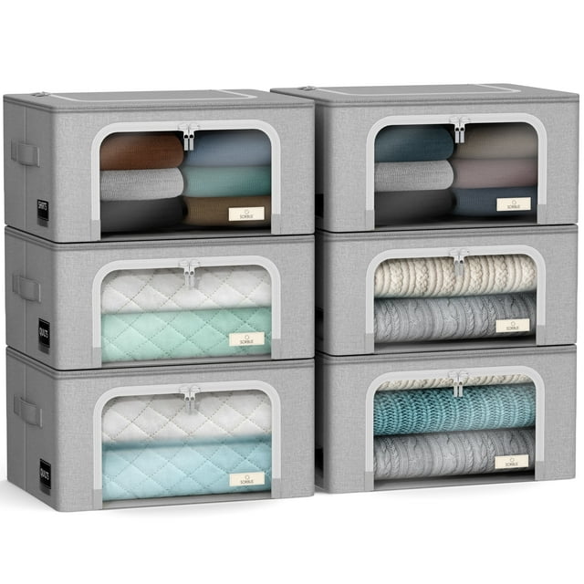 Sorbus Oxford Fabric Storage Bins: Stackable, Foldable Organizer Bags, with Clear Window (Set of 6), Gray