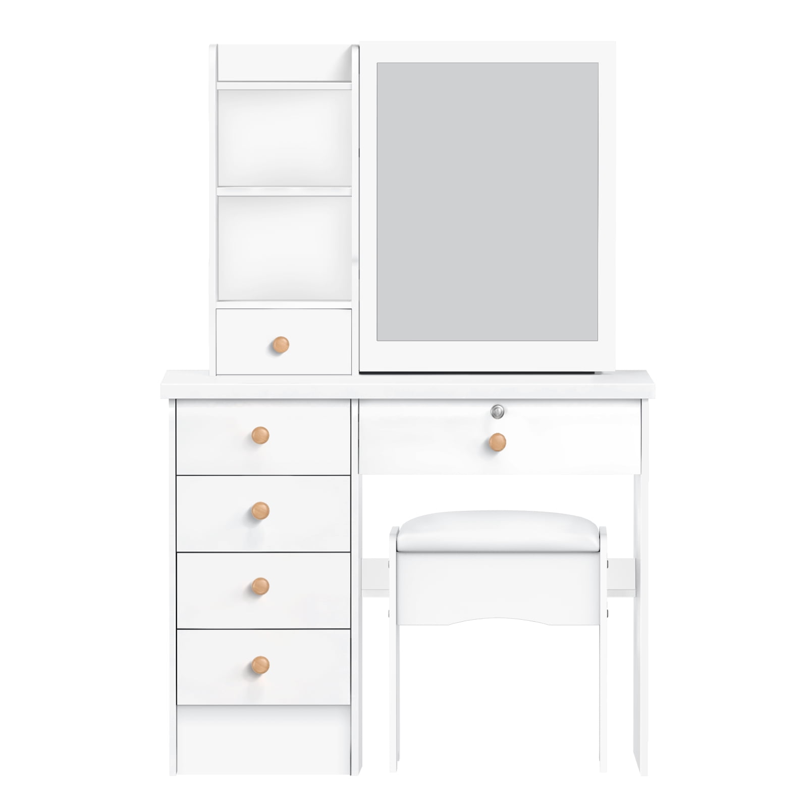 GOPLUS Ensemble de Coiffeuse et Tabouret en Bois de Pin et MDF,Table de Maquillage Elegante avec Tabouret Rembourre et Miroir Rabattable, avec Miroir Rabattable, Coiffeuse de Design Contemporain
