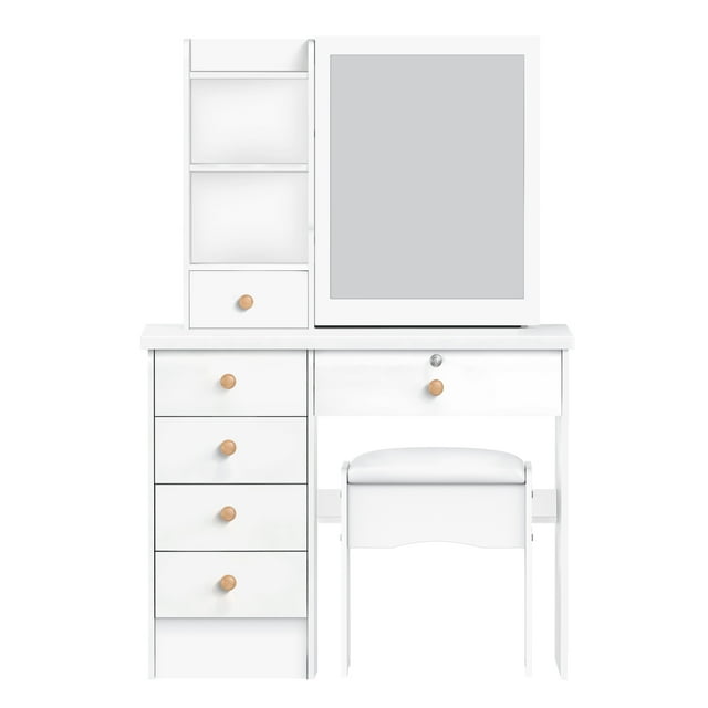 Coiffeuse avec Miroir Coulissant / 6 Tiroirs et Étagères Ouvertes / Solution Compacte de Rangement pour Chambre