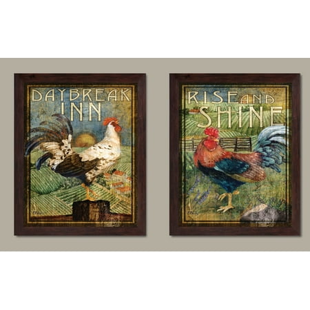 Rooster Framed Art - 2 Retro Rooster Rustic Art Prints; Country Kitchen Decor, Two 11x14in Brown Framed Prints