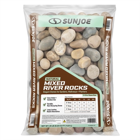 Sun Joe Natural Mixed Decorative River Rocks for Gardens, Planters, and Décor, 25 lbs