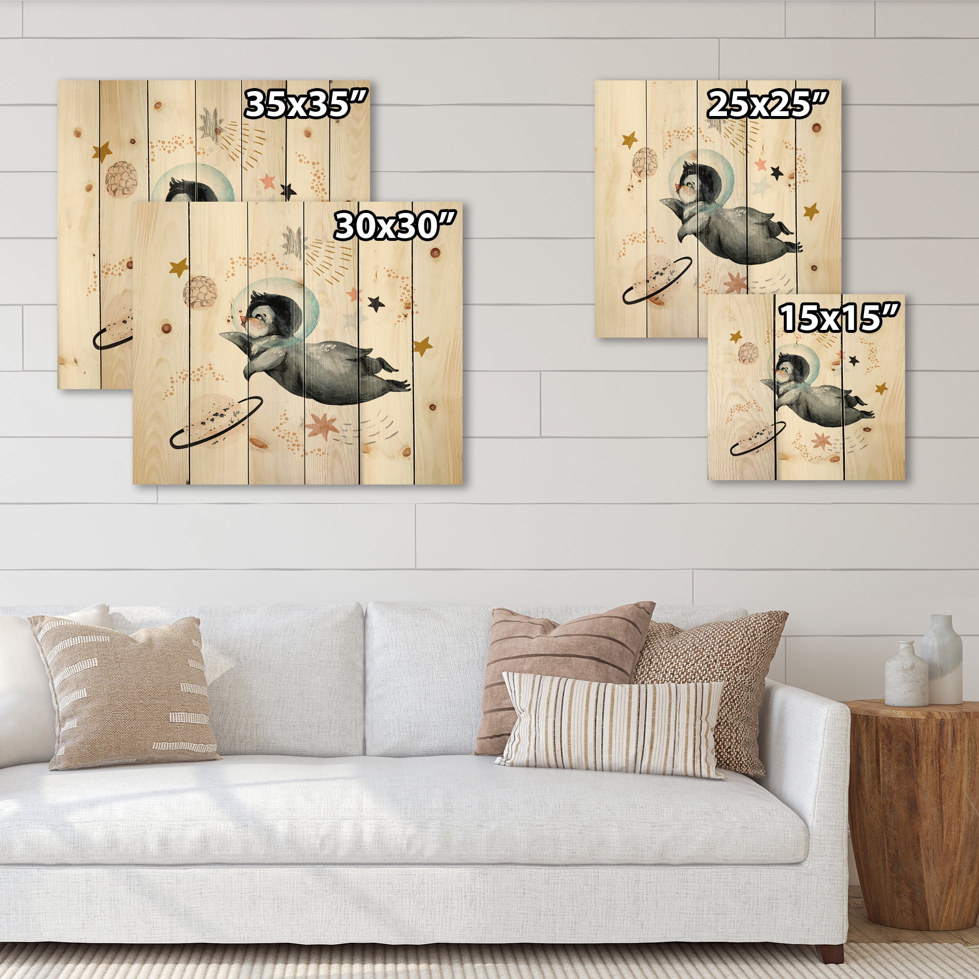 Designart 'Little Penguin Flying Planets and Stars II' Farmhouse Print on Natural Pine Wood