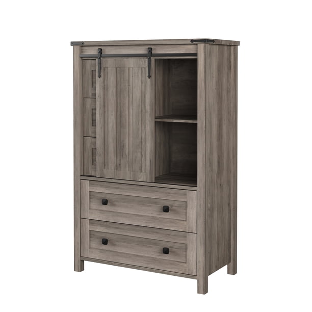 Cómoda de 5 Cajones Estilo Granja, Armario de Madera con Puerta Corrediza de Granero, 122 cm de Alto, Estante Ajustable, Organizador Ahorra Espacio para Recámara, Sala, Pasillo – Blanco/Gris/Nogal