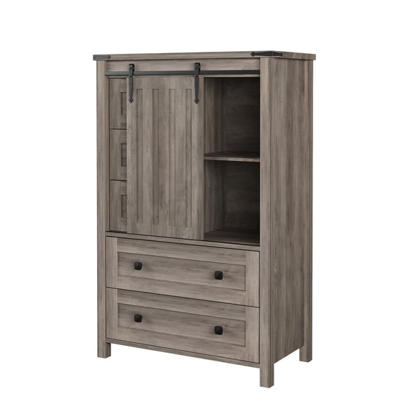 Cómoda Alta de 5 Cajones Estilo Granja - Mueble Organizador con Puerta Deslizante Tipo Granero, Compartimento de Almacenamiento y Repisa Ajustable - Acabado Teca