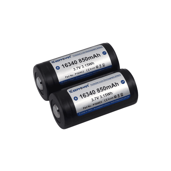 Keeppower 16340 Protected Lithium ion Battery Button-Top Rechargeable 3.7V 850mAh (2 Pack)