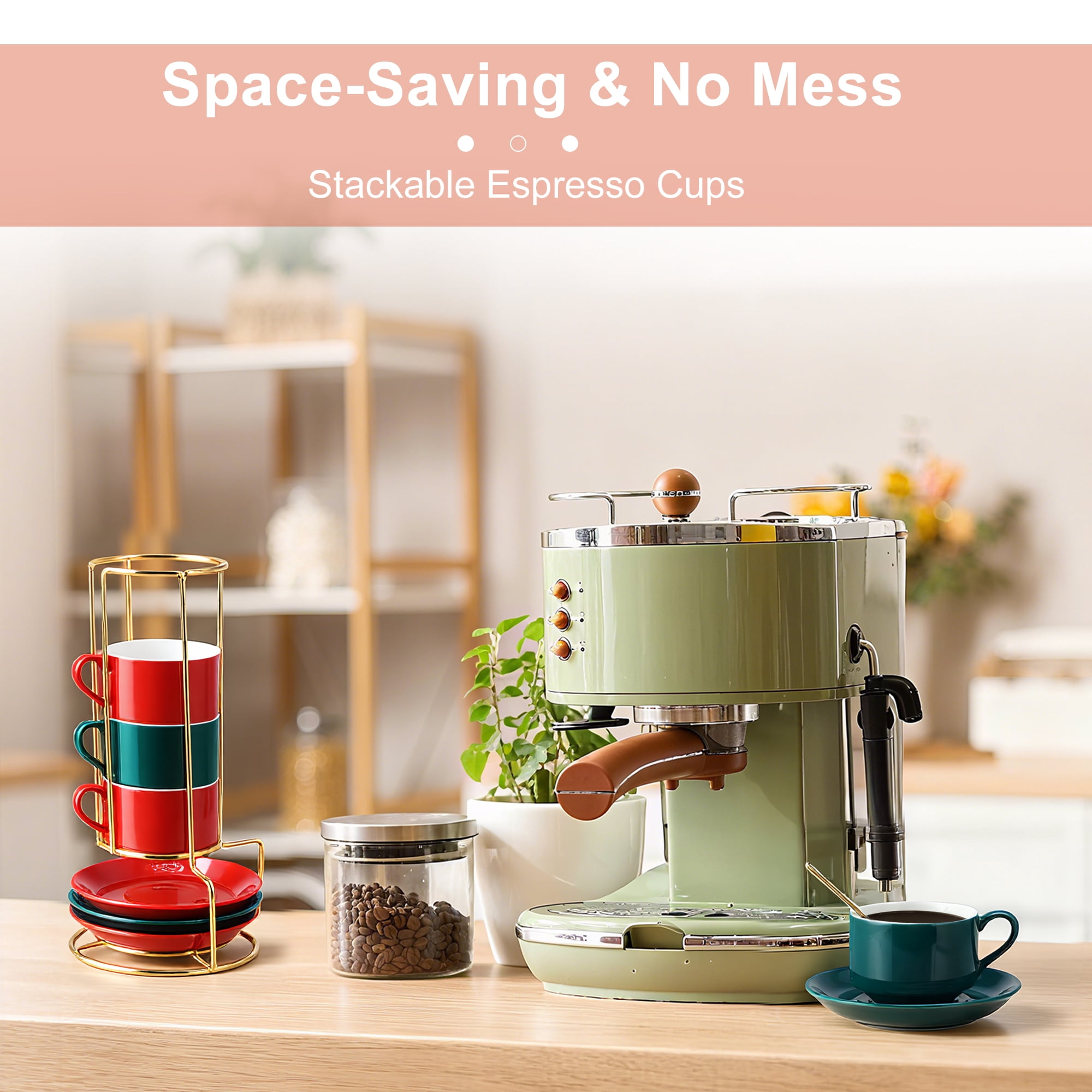Unique Bargains 3 Ounce Espresso Cups Set of 4 Stackable Demitasse Mugs Includes Display Stand Cups Saucers and Spoons for Machines & Home Use Red Green Gold Tone