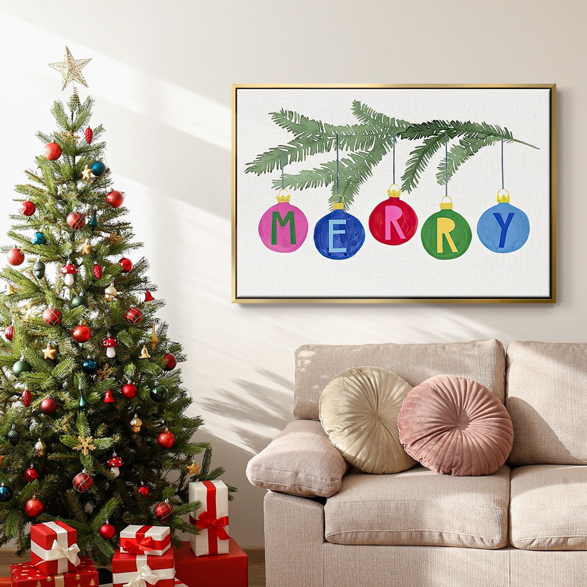 Colorful Christmas Collection A - Framed Gallery Wrapped Holiday Canvas - 27 x 41 - Gold Frame