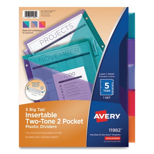 Insertable Bright Color Big Tabs Plastic 5-Tab Two-Tone Binder Dividers with Two Pockets New Version Assorted Colors 1 Set 11988 