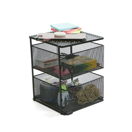 MIND READER Metal Mesh Magnetic Organizer [2 TIER] Slide Out Basket Drawer For Kitchen, Bathroom, Office Desk (BLACK)