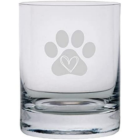 

Paw Heart 1 Puppy Love Paw Prints Etched 11oz Crystal Rocks Whisky Glass