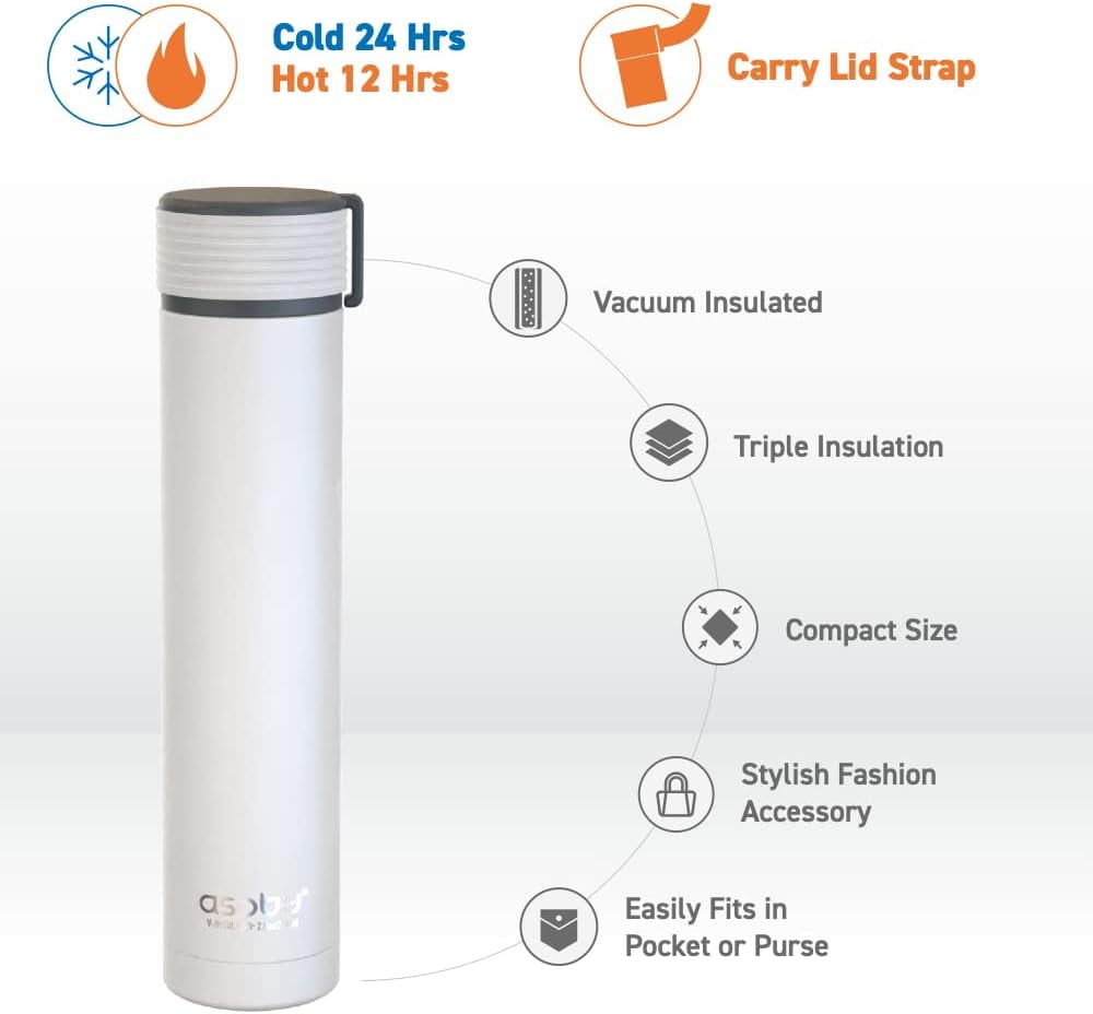 Asobu Skinny Mini Fashon Forward Double Walled Stainless Steel Insulated Water Bottle Bpa Free 7.8 oz (White)