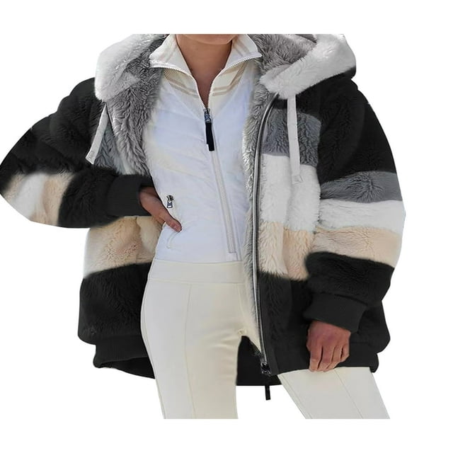 Womens Long Sleeve Outerwear Hoodie Patchwork Coat Fleece Zip Overcoat Plus Size