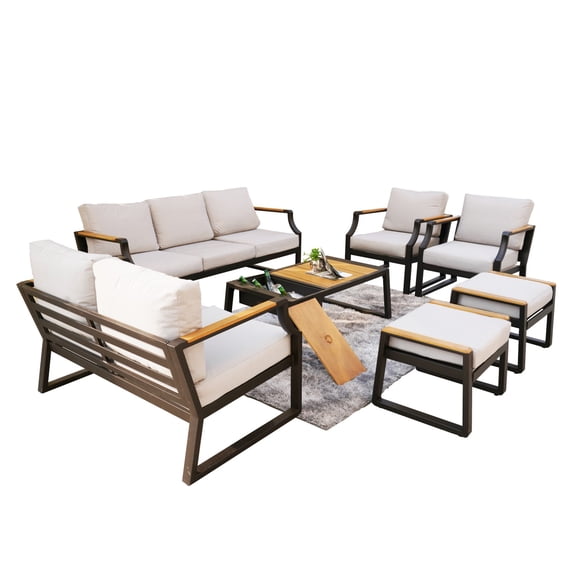 7 Pcs Outdoor Patio Furniture Set Aluminum Conversation Set Sectional Sofa Set with Table and Ottoman, Black