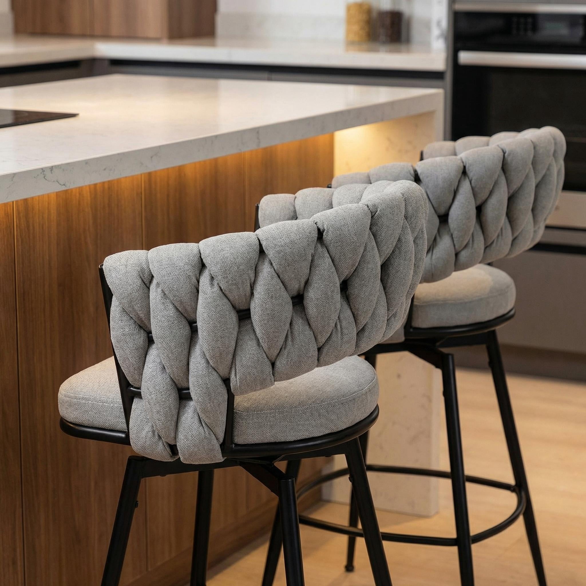 28" Counter Height Set of 2 Grey Linen Swivel Bar Stools with Woven Back and Footrest & Black Legs