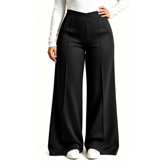 CQONEPT Plus Size Wide Leg Pants for Women Dressy High Waisted Work Long Pants Fall Fashion Casual Flowy Lounge Trousers Black XL