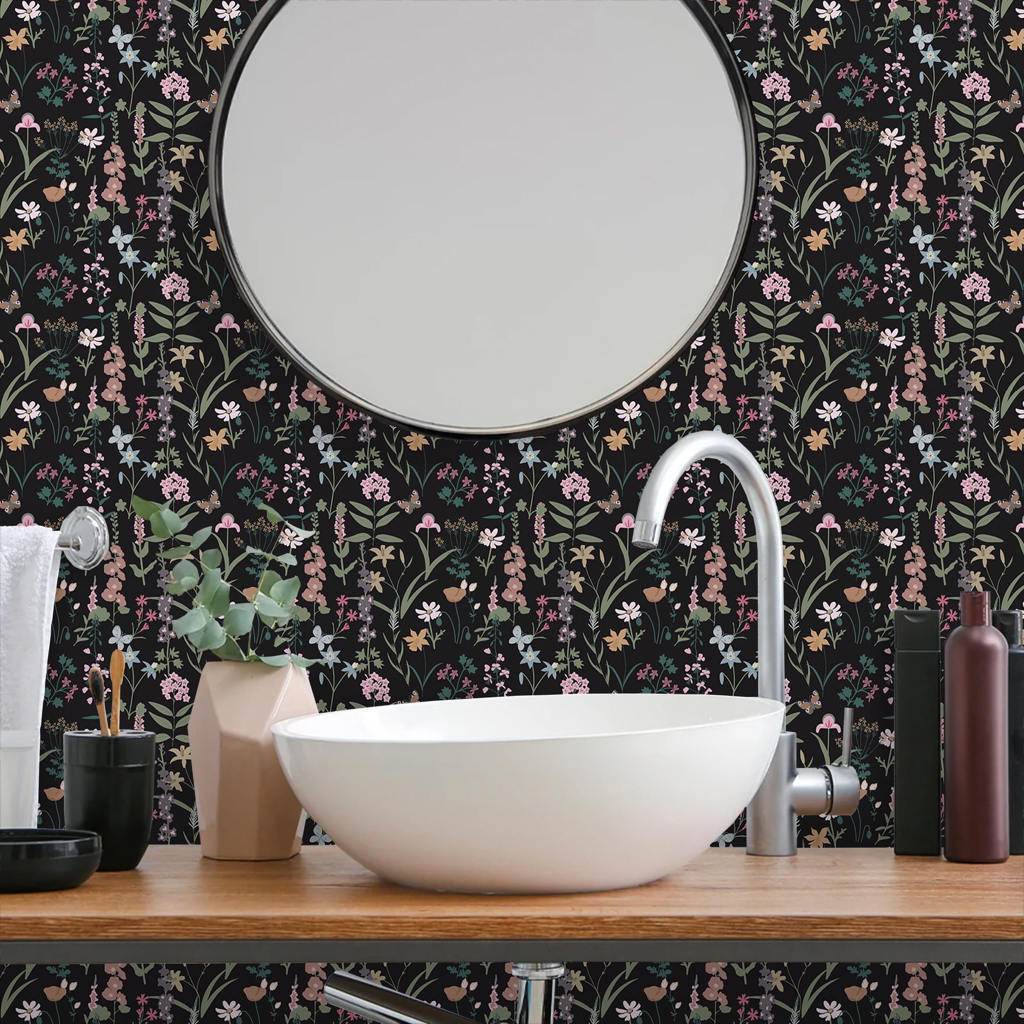 UMIGGEE Floral Wallpaper Peel and Stick Black Wallpaper Self Adhesive Flower Wall Paper Contact Paper 17.7-in x 118-in Home Decor Wall Covering Old Furniture Renovation