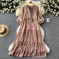 thumbnail image 2 of Dulce vestido Vintage con cuello en V, vestidos de manga acampanada, Patchwork de encaje, suelto, línea A, longitud media, vacaciones, 2 of 5