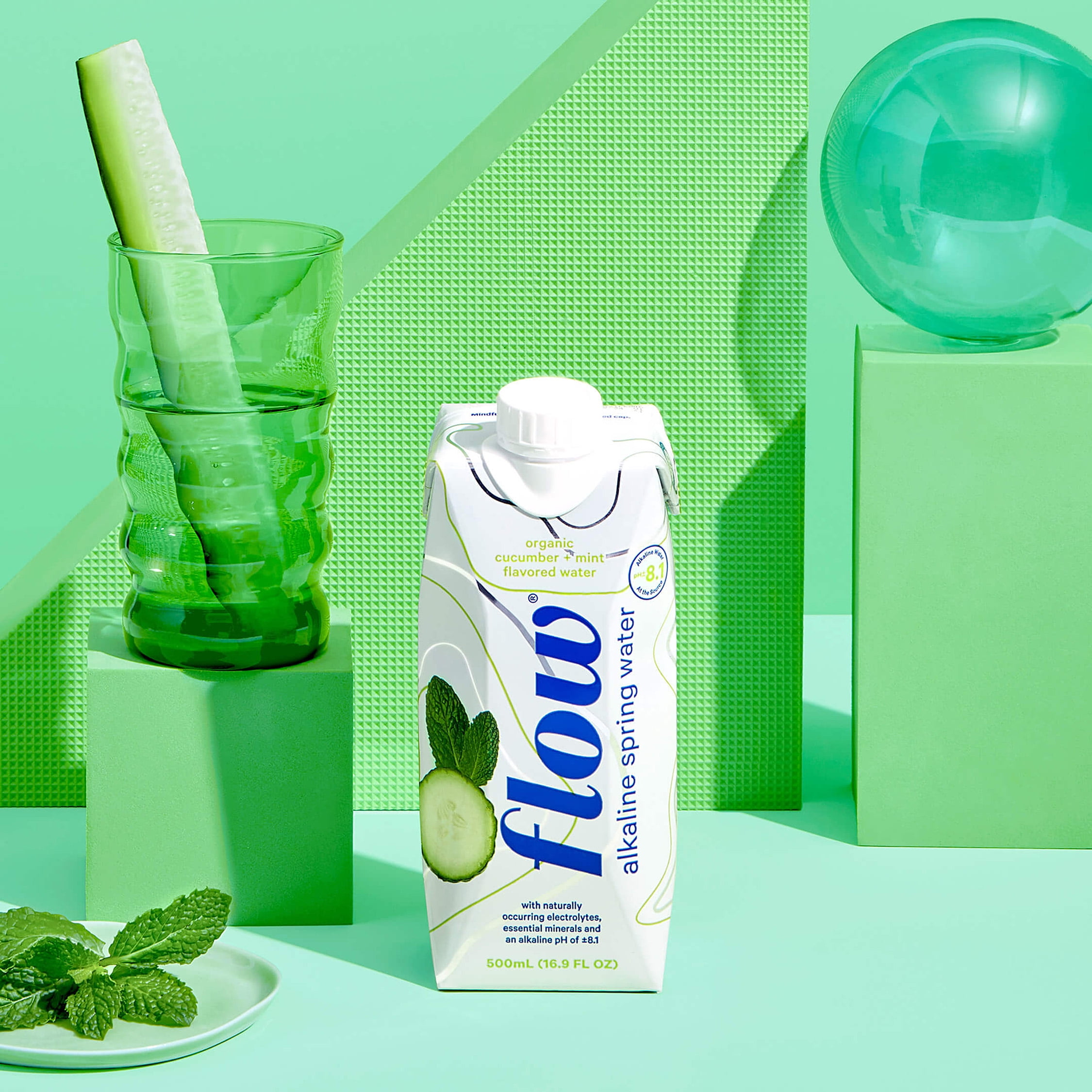 Flow Alkaline Spring Water- 100% Organic Cucumber Mint Flavored Alkaline Spring Water, 16.9 fl oz, 12 Pack Bottles