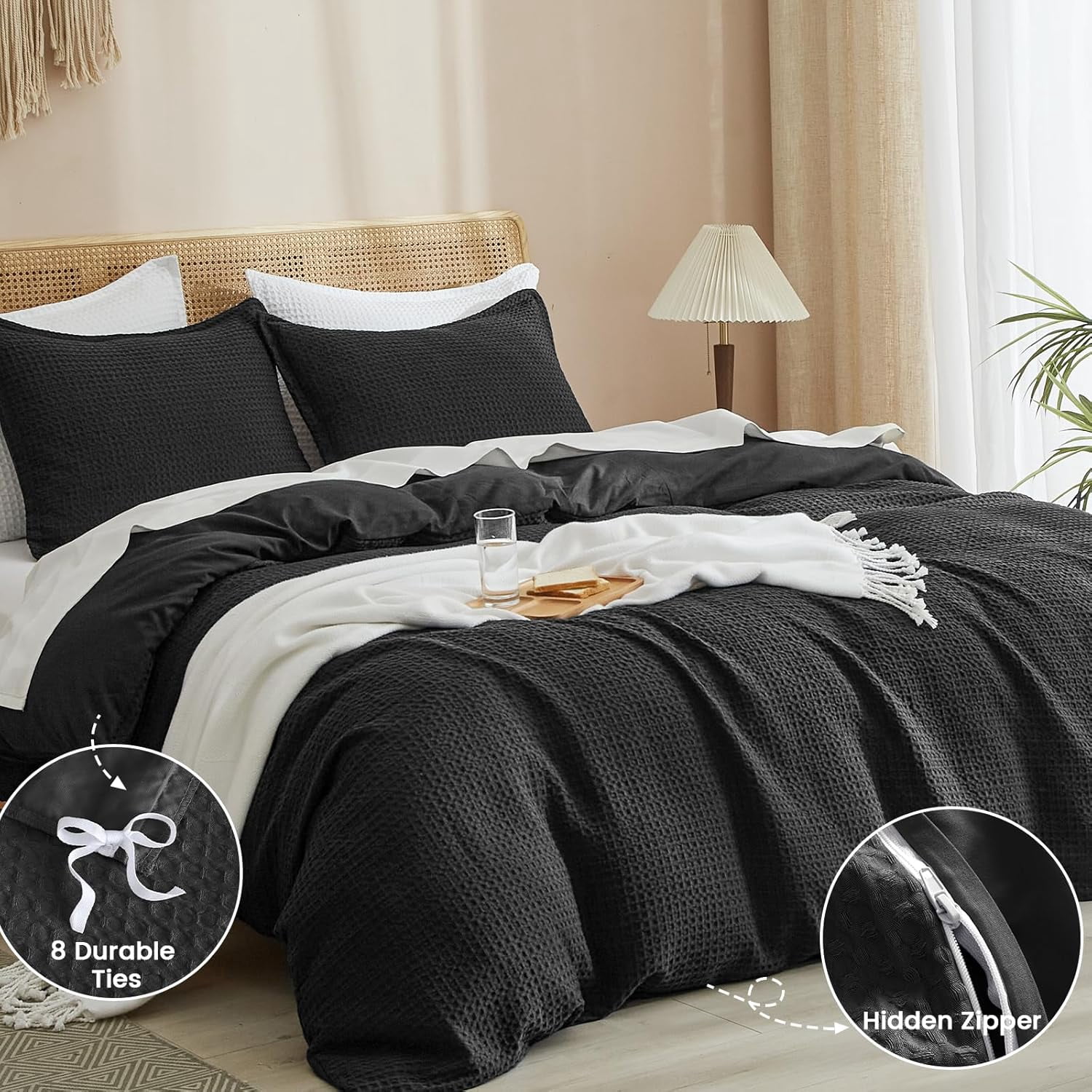 PHF Waffle Duvet Cover Set King Size, 3 Pieces Soft Breathable Bedding Comforter Cover for All Seasons, Waffle Textured Duvet Cover with 2 Pillow Shams Bedding Collection, 104"x90", Black