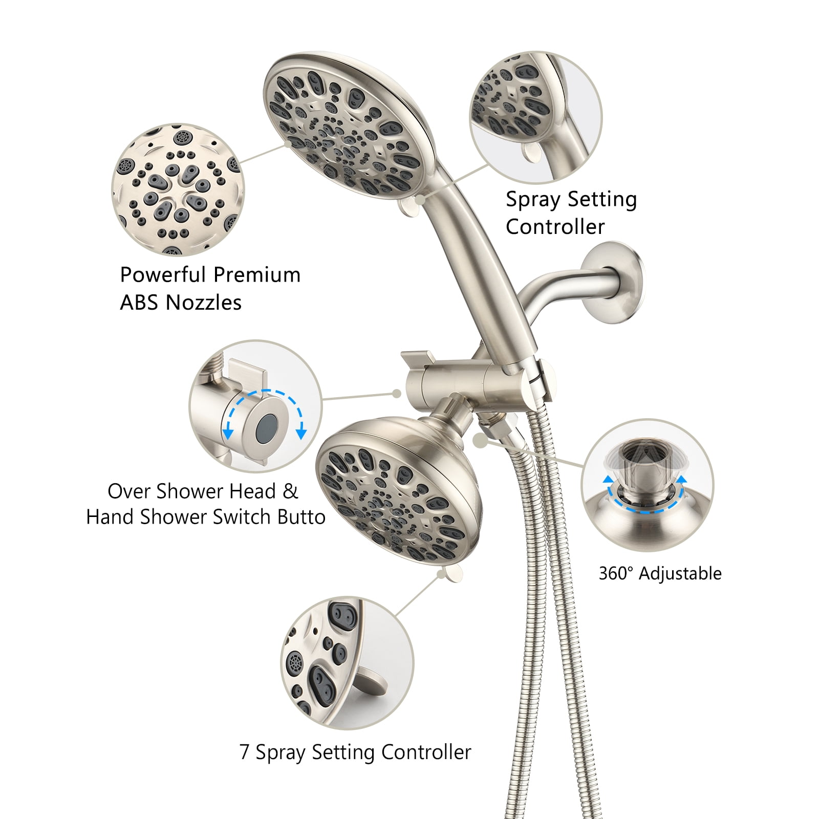 Shower Head，Shower System with Tub Spout Rain Shower Tub Set, High Pressure Dual 2 in 1 Shower Combo Faucet with Valve,Brushed Nickel