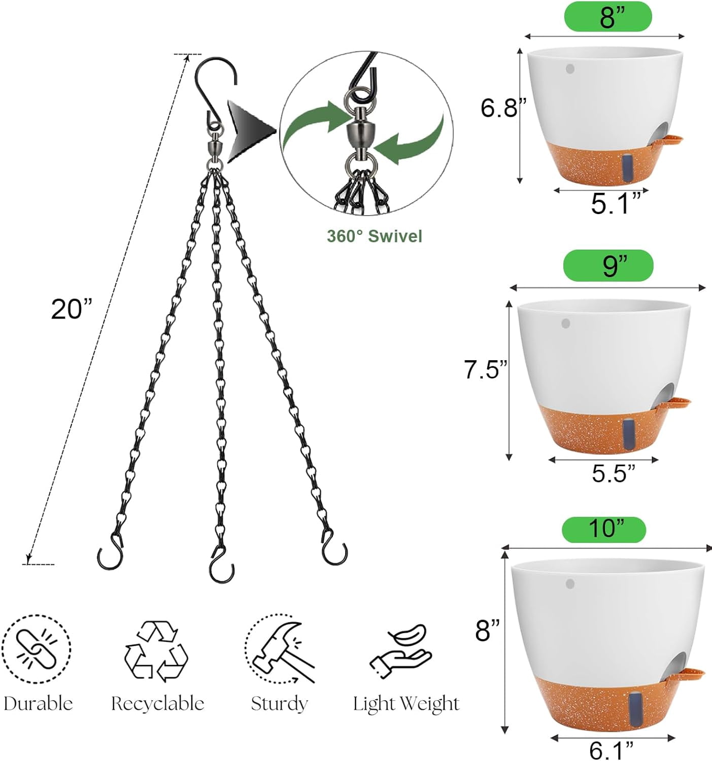 3 Pack Self Watering Hanging Planters with 360 Swivel Hanging Pot Chains 20 Inches, 10/9/8 Inch Pots for Indoor Outdoor Plants, White