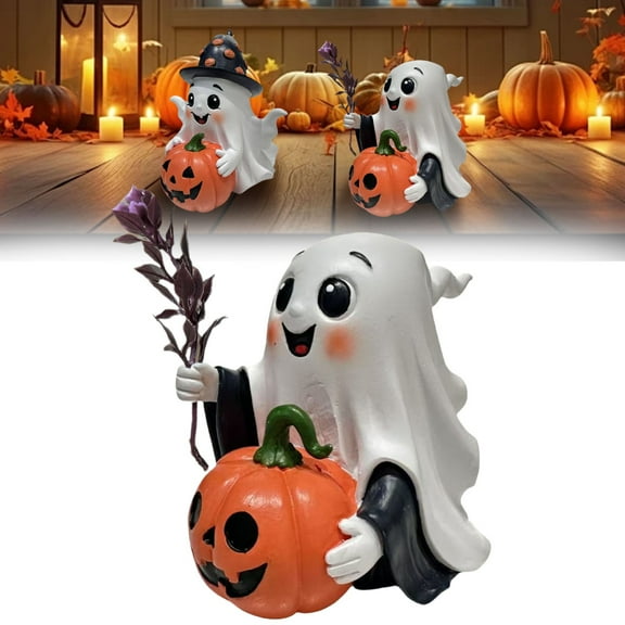 Cute Halloween Ghost & Pumpkin Resin Figurines, Indoor Outdoor Tabletop Garden Decor for Home Yard Party