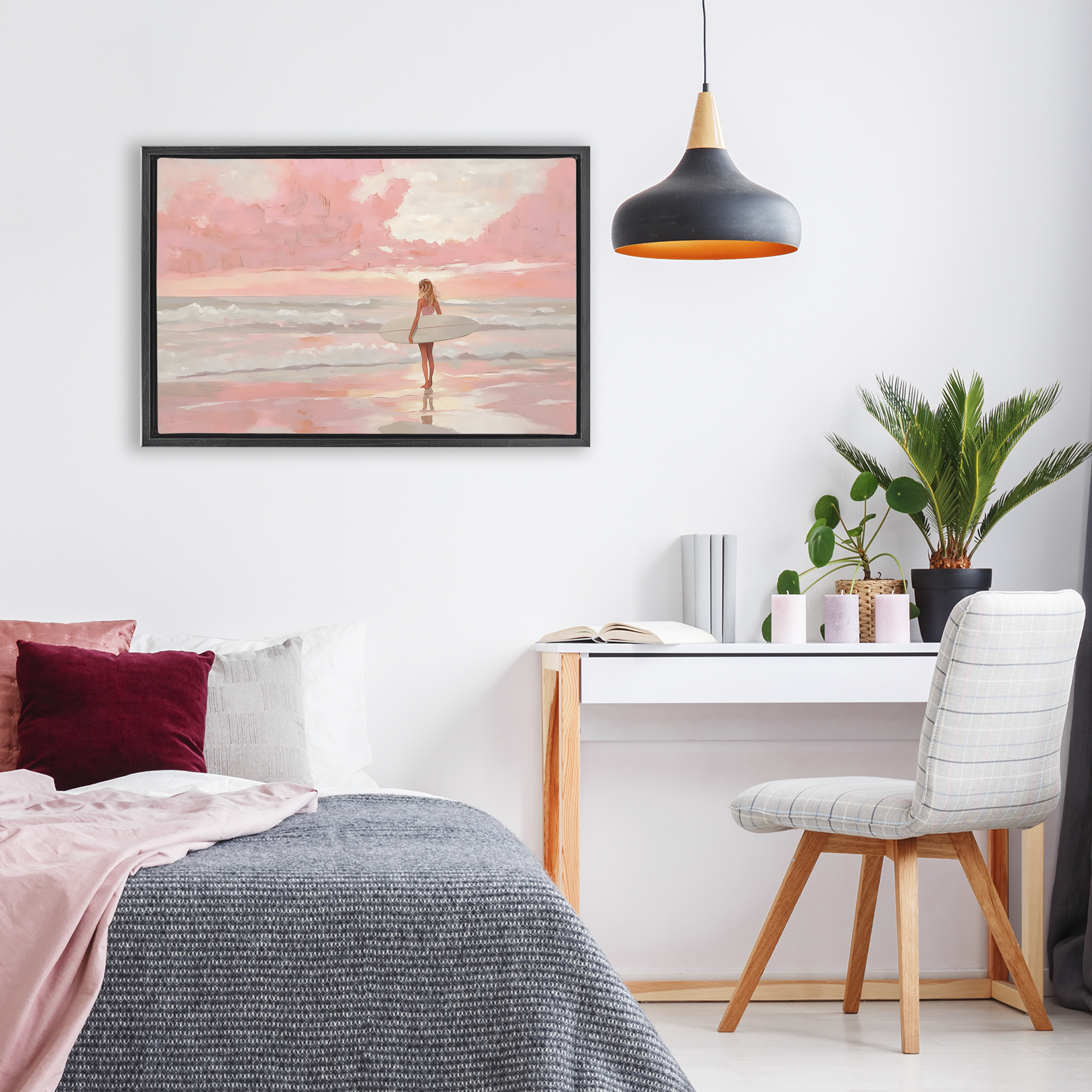 Pink Sky Surfer Black Framed Floater Canvas Wall Art, design by LSR Design Studio