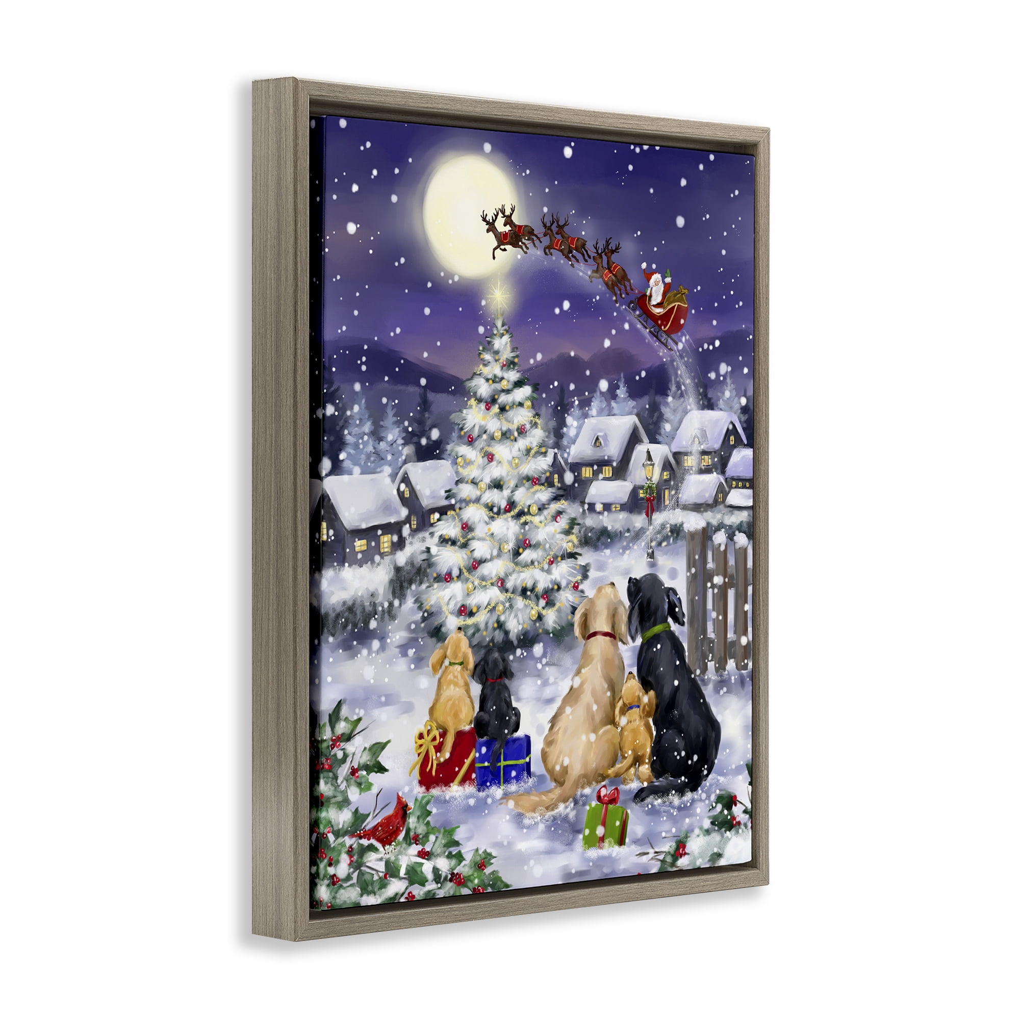 Stupell Industries Dogs Watching Sleigh Holiday Painting Brown Floater Framed Art Print Wall Art, 25 x 31