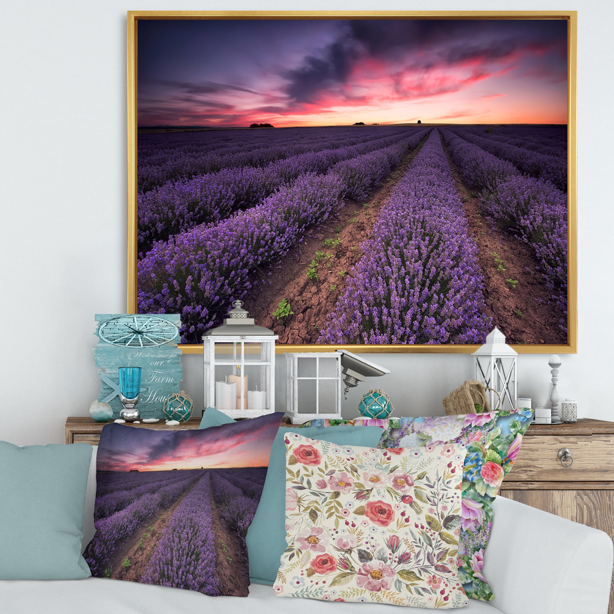 Designart 'Dramatic Clouds and Sunrise Over Lavender Field IX' Farmhouse Framed Canvas Wall Art Print